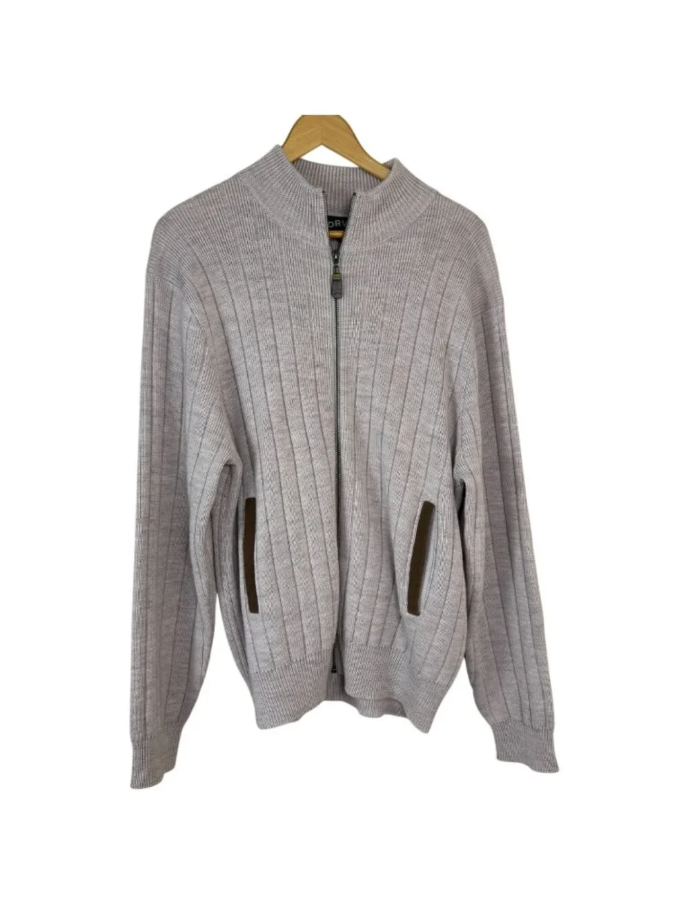 Orvis 100% Merino Wool Full Zip Beige Cardigan Men's Med Elbow Patches Academia